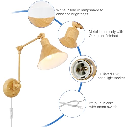 Wall Sconces Plug in (Oak color / 2 Pack- (Switch))