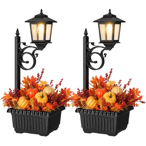 2 Pack 2-in-1 Outdoor Flower Pots, Solar Post Lamps Waterproof, Solar Lamp Post Lights, Wall Mount or Freestanding, Outdoor Decorative Lamp for Garden, Patio, Front Porch, Back Door, Warm White