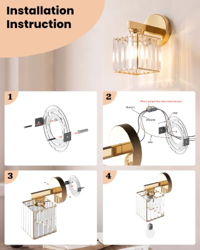 Hardwired Wall Sconces Set of Two with Crystal Lampshade (Gold-A)