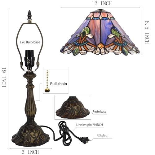 Tiffany Table Lamp Stained Glass Bedside Reading Light W12H19 inch (Blue Purple Baroque style)