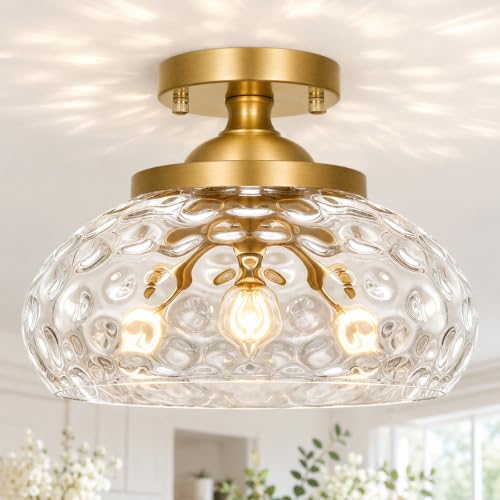 Mid Century Gold Ceiling Light with Hammered Glass Shade (Gold & Hammered Glass / 12in)