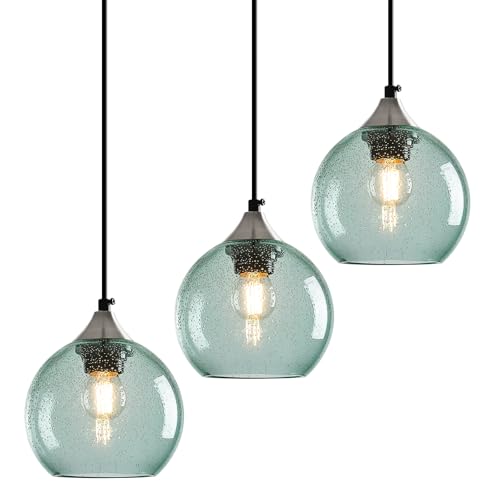 Light Green Seeded Glass Pendant Lights Kitchen Island 3 Pack (Light Green / S - 5.9 in)