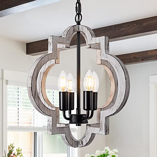 4 Light 15" Farmhouse Orb Chandelier Rustic Handmade Distressed White Wood Hanging Ceiling Pendant Light Fixture Wood Lantern Chandeliers for Dining Room Kitchen Bedroom Foyer Hallway (Textured-White / D15" x H17" 4-Light)