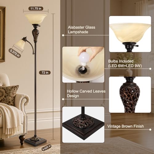 Vintage Torchiere Floor Lamp with Adjustable Reading Light (Brown)