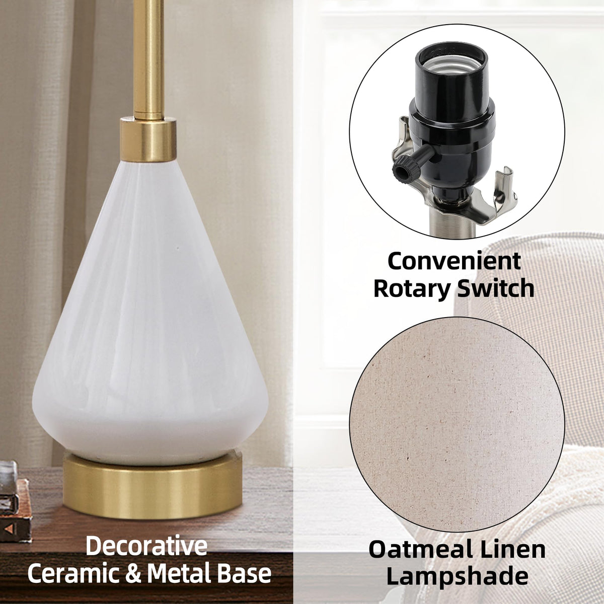 32" Gold Buffet Lamps Set of 2 with White Ceramic Base (White)