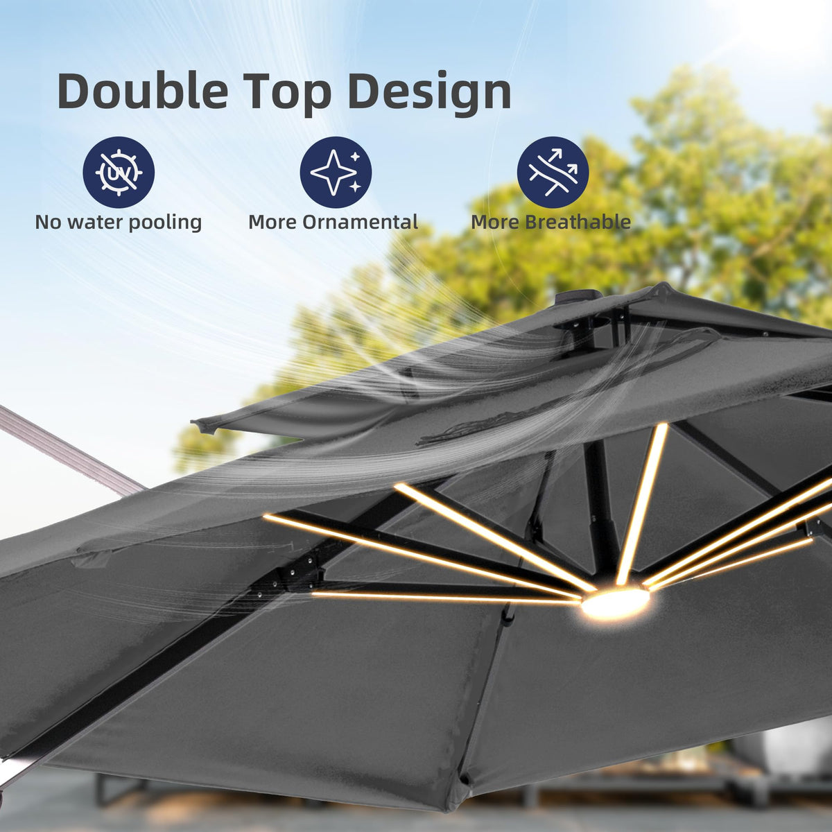 9x12 FT Patio Cantilever Outdoor Umbrella with Base and LED Lights (Grey)