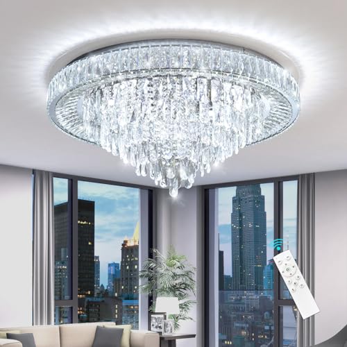 Modern Chandeliers for Living Room Crystal Ceiling Light Fixture LED Dimmable Lamp with Remote Pendant Lighting Flush Mount Ceiling Lighting for Dining Room Bedrooms (Silver / 31.5" Width)