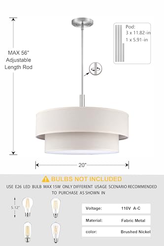 4 Light 20" Cream Fabric Shade Hanging Brushed Nickel Farmhouse Pendant Light (Brushed Nickel Pendant Light / 20")