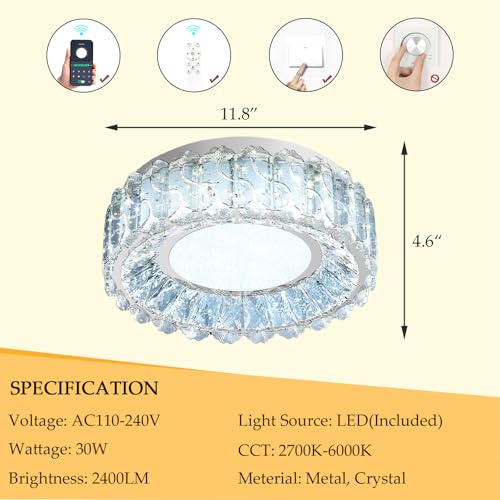 12 Inch Dimmable Crystal Chandelier Modern LED Flush Mount Ceiling Light Fixtures for Bedroom Hallway Staircase Silver (12" Silver)