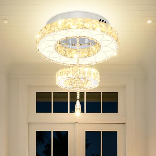 16inch Modern Mini Crystal Chandelier for Hallway LED Crystal Ring Chandeliers Dimmable Flush Mount Ceiling Light for Dining Room Living Room Bedroom (Silver / W:16inches)