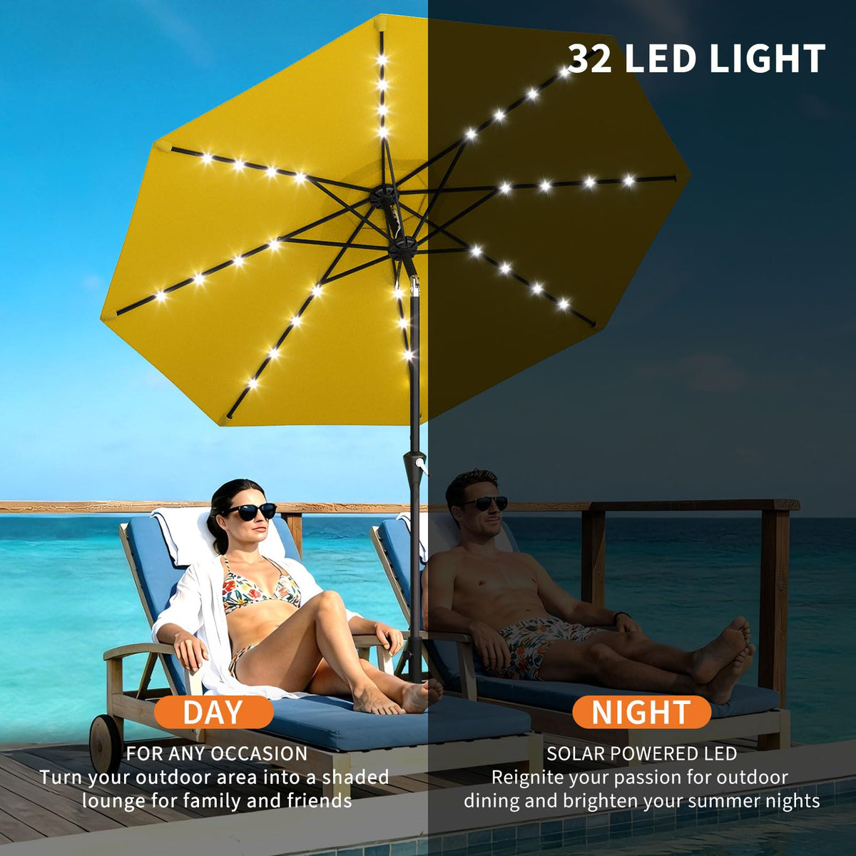 10FT Solar Patio Umbrella with 32 LED Lights (Yellow / 10ft With Lights)