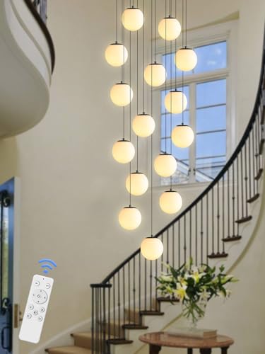 15 Light Black Chandelier with White Globe Glass Dimmable Ceiling Light Glass Pendant Light for Kitchen Island (Black-White / Globe 15-Light)