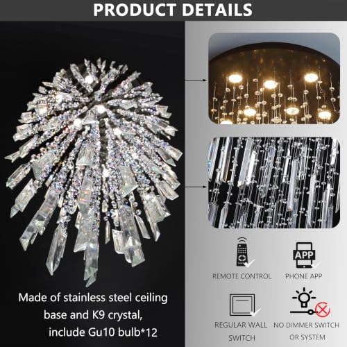 D32'' x H100'' Modern Crystal Chandelier High Ceiling Chandeliers for Entryway Glam Chandelier Large Raindrop Chandeliers LED Dimmable Light Fixtures for Staircaes Foyer Hallway Living Room Black (D32" x H100" Black)