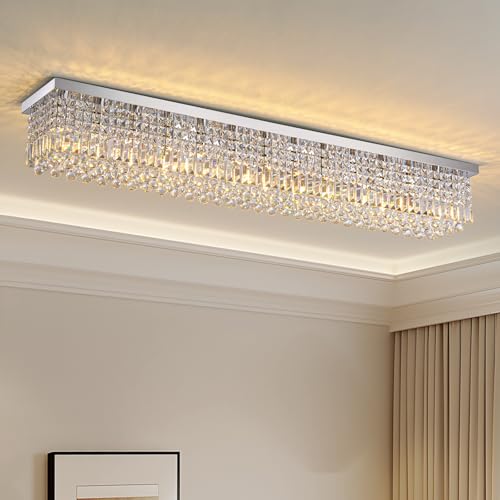 Rectangle K9 Crystal Chandelier Modern Rectangular Pendant Lighting Fixture for Dining Room Kitchen Island Bedroom Room Decor