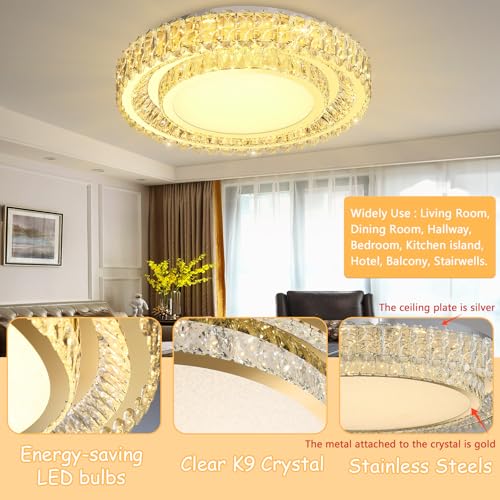 23.6" Dimmable Crystal Chandelier Modern LED Flush Mount Ceiling Light Fixtures for Living Room Bedroom Hallway Kitchen Island Staircase Gold (23.6" Gold)