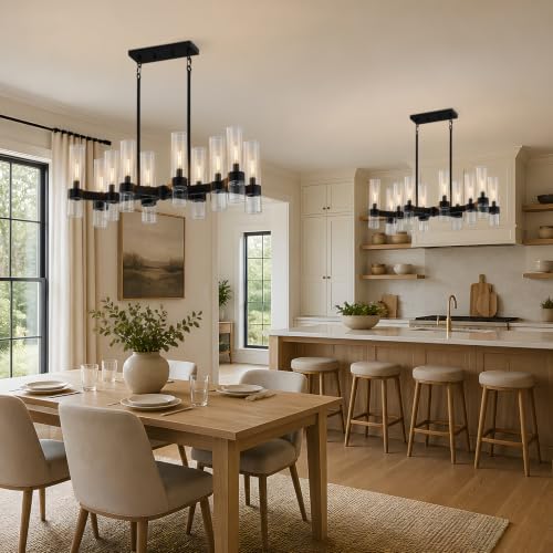 10 Light Black Chandeliers for Dining Room with Clear Glass Shade (Black / 10-Light L32")