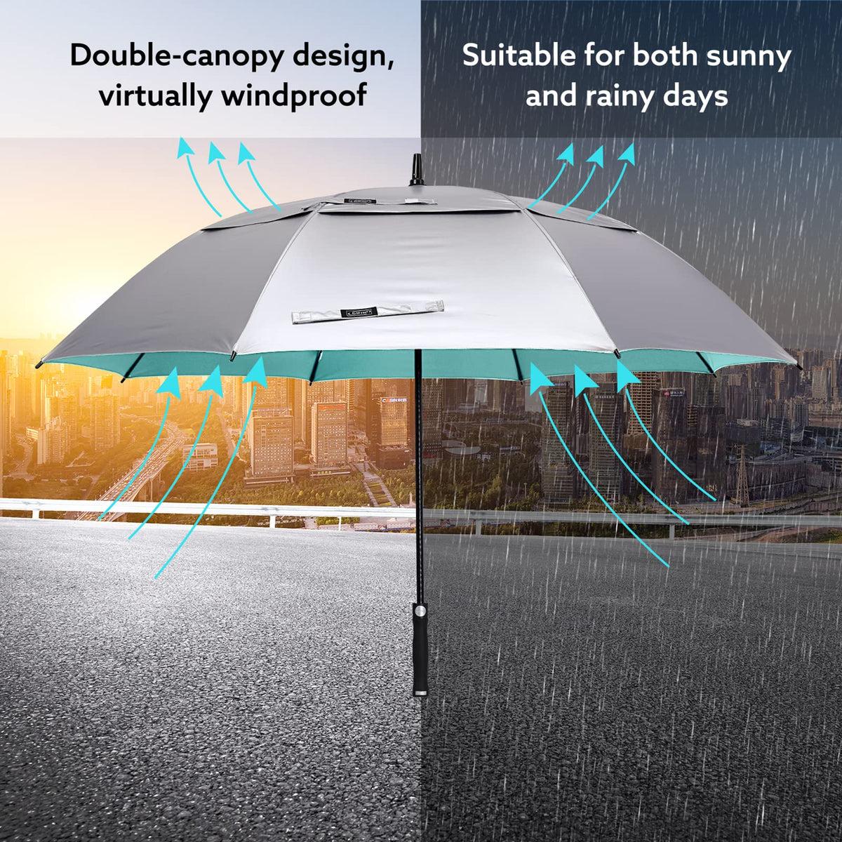 UV Golf Beach Umbrella 68”Auto Open Extra Large Sun Shade Umbrellas (Silver/Lake Blue)