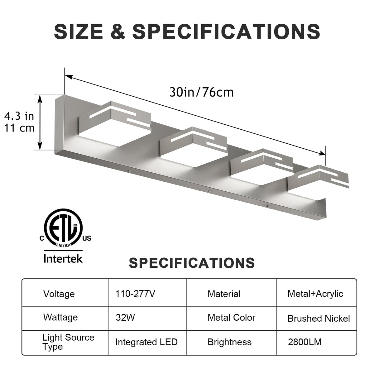 LED Modern Bathroom Vanity Light Fixtures (Nickel / 4-light, 30-inch)