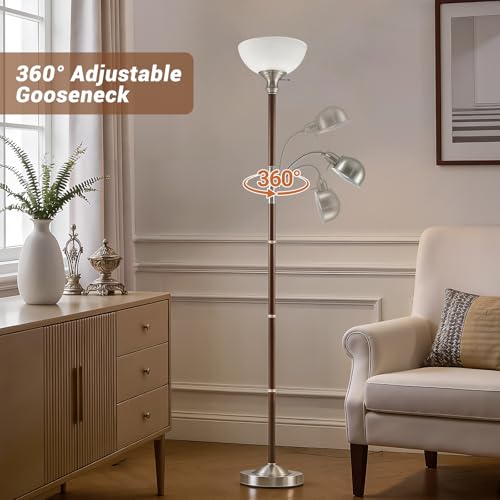 72" Wood Torchiere Floor Lamp with Glass Shade Walnut Standing Lamp (Dark Walnut)