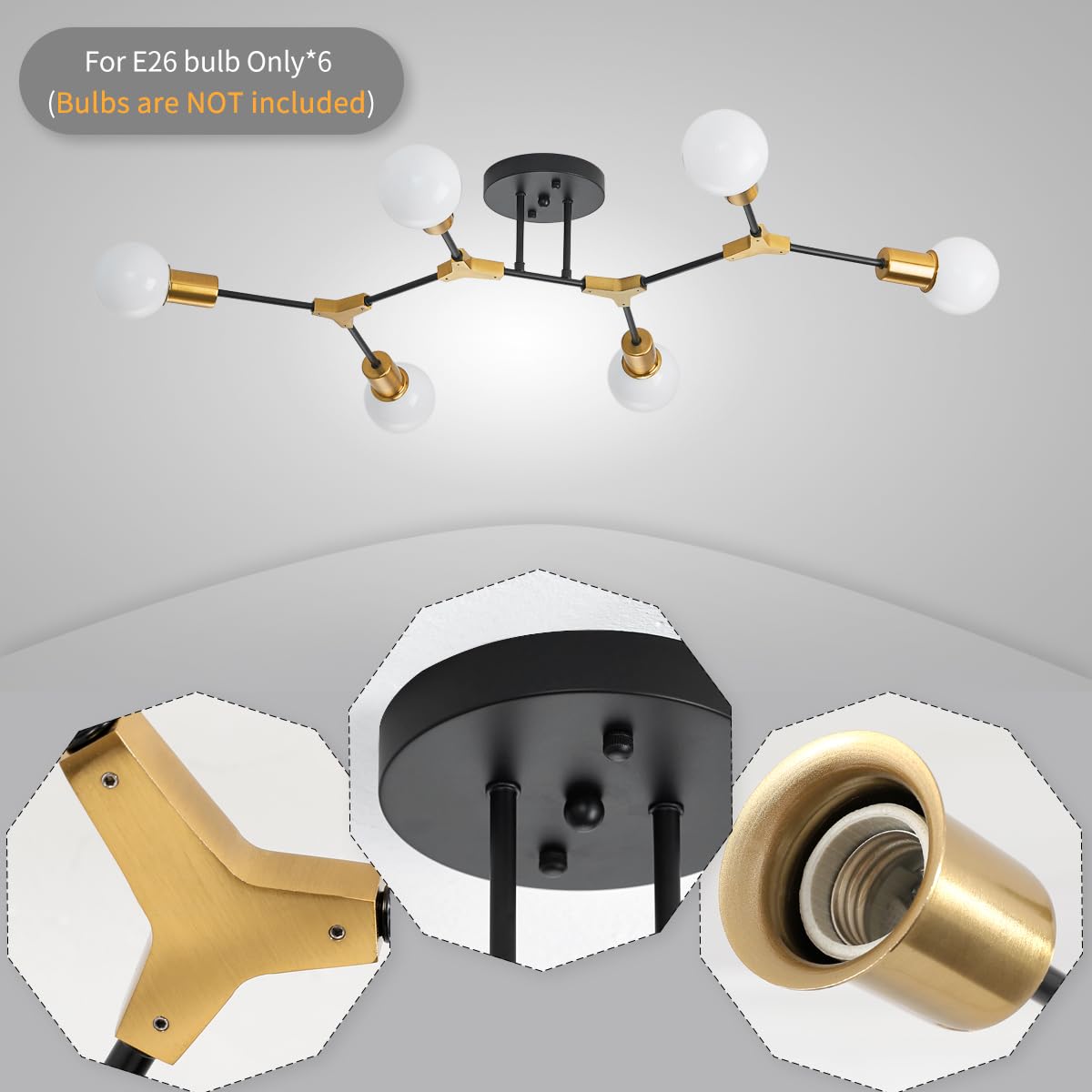 Mid Century Gold and Black Sputnik Semi Flush Mount Ceiling Light Fixture (Gold and black / 6 Light)