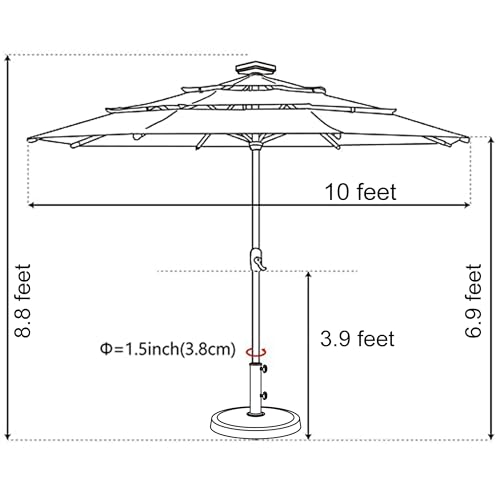 USA 10-Year-Non-Fading 10ft 3-Tier Market Patio Umbrella, Commercial Table Umbrella with 80 Solar LED Lights, Crank Open, Windproof & UPF 50+ UV Protection for Garden, Deck, Pool, Backyard, No Tilt, Logo Red (Logo Red / 10FT(Triple Vents No Tilt))