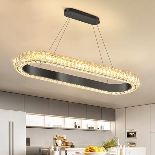 32'' Oval Ring Crystal Chandelier Modern LED Dimmable Ring Pendant Light Chandelier for Dining Room Living Room Black (Black / 1 Ring Oval 32")