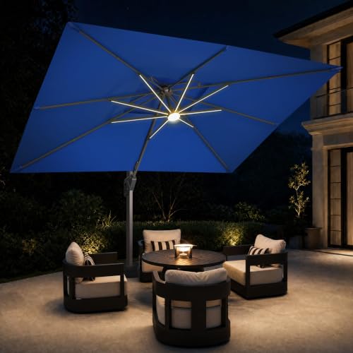 9x12 FT Cantilever Offset Patio Umbrella with Lights (Navy)