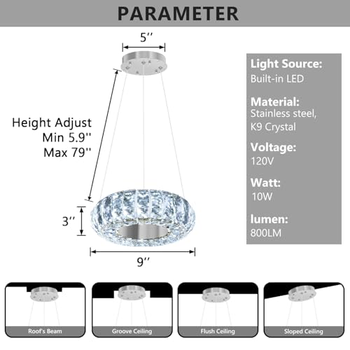 8" Ring Modern LED Dimmable Crystal Chandelier Adjustable Height Pendant Light Round Crystal Chandelier Light Fixtures for Dining Room Living Room Kitchen Island Silver (Silver / 1 Ring Round 8")