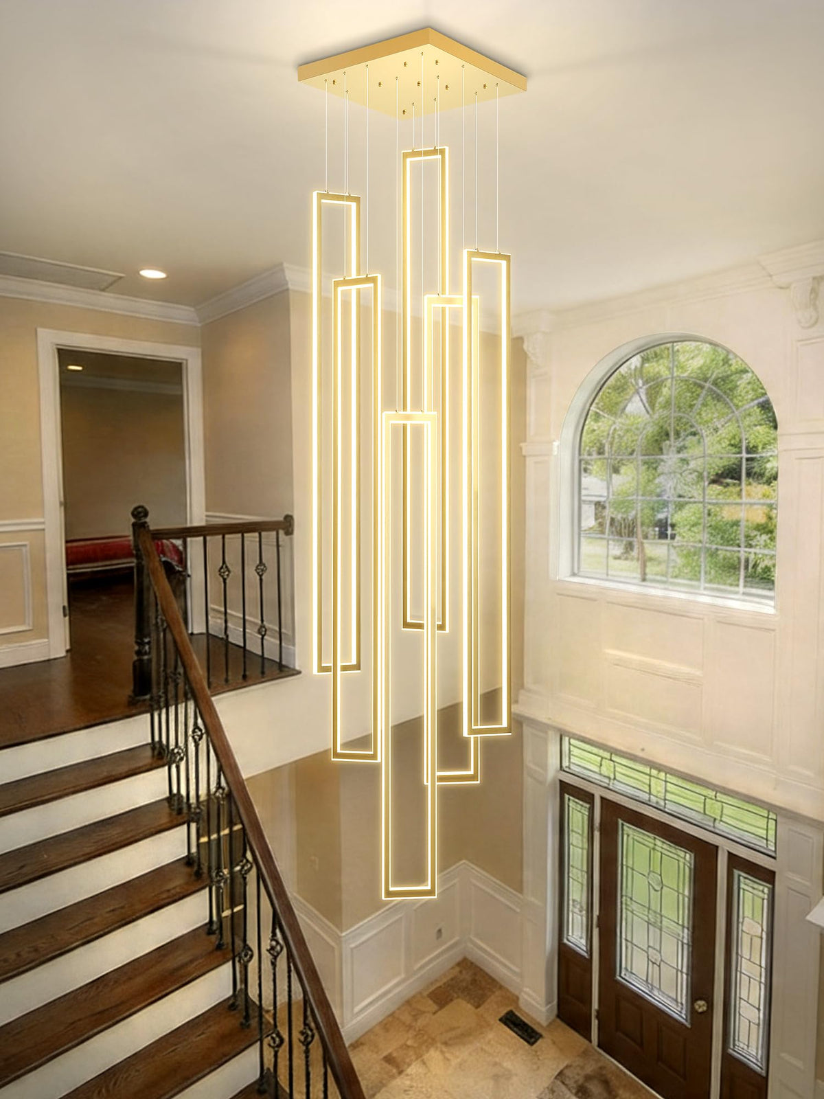 Modern Chandeliers for Entryway High Ceiling Large Rectangle Chandelier LED Dimming Gold Contemporary Chandelier for Staircase Foyer 2700k (Gold 6- Light / H59"xW 8" Highest 218")