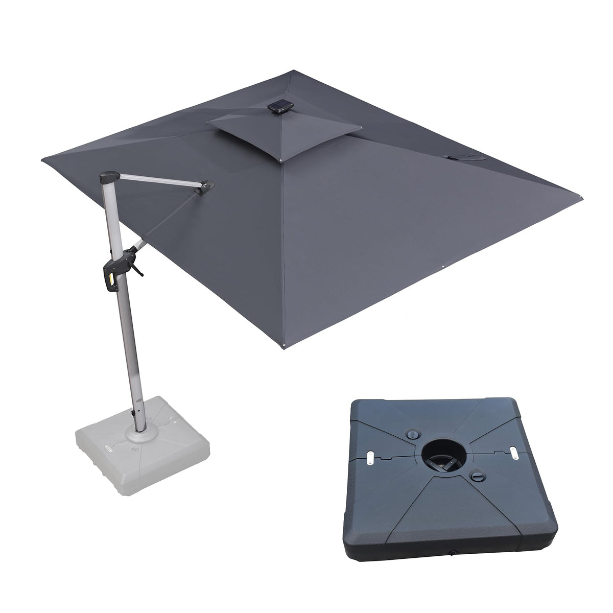 9' X 12' Solar Powered LED Rectangle Cantilever Umbrella With Base Patio Umbrellas Windproof Hanging Umbrella Outdoor Umbrellas (Grey / 9' X 12')