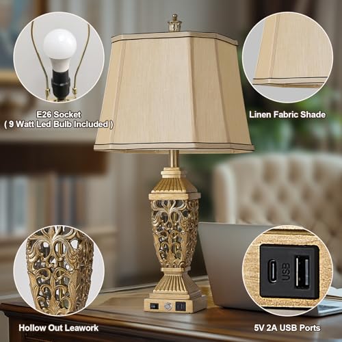 27.5" Touch Control Traditional Table Lamp Set of 2 with USB A+C (Bronze Wood-10 / 27.5")