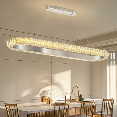 47'' Oval Ring Crystal Chandelier Modern LED Dimmable Ring Pendant Light Chandelier for Dining Room Living Room Silver (Silver / 1 Ring Oval 47")