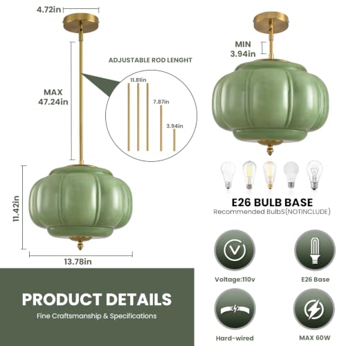 Vintage Green Glass Pendant Lights (Green-1 Pack / 13.7 inch)