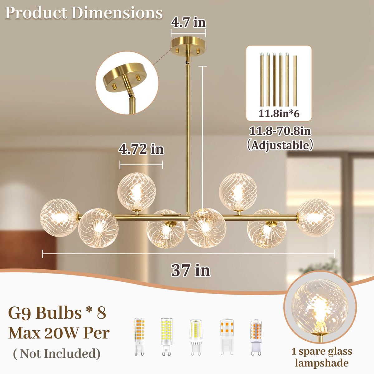 Modern 8 Light Linear Chandelier Gold Sputnik Dining Room Light Fixture (Gold and Clear / 8 Light)