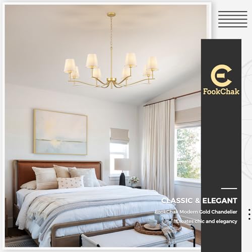 8 Light Brass Gold Chandelier with White Fabric Shade 44'' Linen Dining Room Chandeliers Over Table Kitchen Chandeliers Light Fixture for Living Room Bedroom Entryway Home Office (Gold & Linen / 43.7 inch)