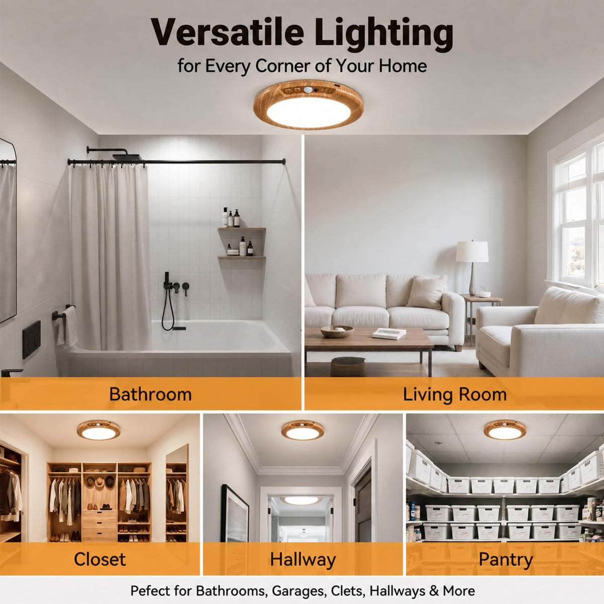 Wireless Rechargeable Ceiling Light with Remote (Light Wood / 8 Packs)