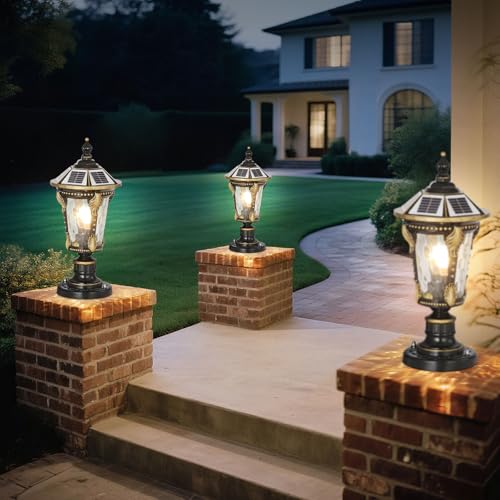 Outdoor Post Caps Light with Solar Powered 17.71" Solar LED Column Caps Lamps Rustic Bronze Fence Pillar Lamps IP65 Waterproof Deck Post Bollard Lighting Lawn Landscape Lawn Garage Yard Path Lamps