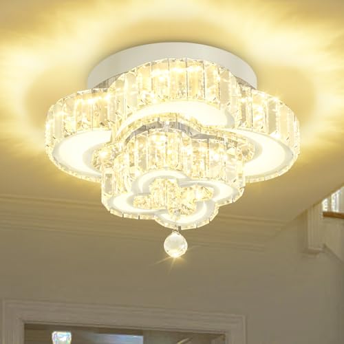 Dia 12'' Mini Crystal Chandeliers Silver Modern LED Chandelier Flush Mount Crystal Ceiling Lights Fixture Modern Pendant Light for Living Room Foyer Entryway (Silver / Dia 12")