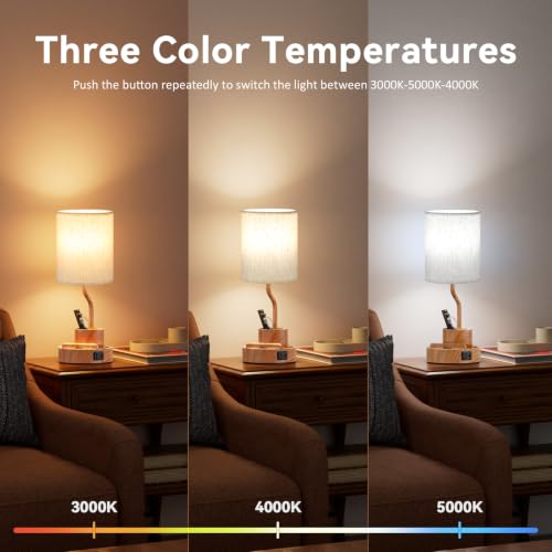 Bedside Lamps for Bedroom Set of 2 (Cream & Wood-grain)