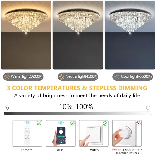 Modern Black Crystal Chandelier LED Ceiling Light Fixture Raindrop Chandeliers Dimmable Lighting for Living Room Dining Room Entryway Bedroom (Black / W32")
