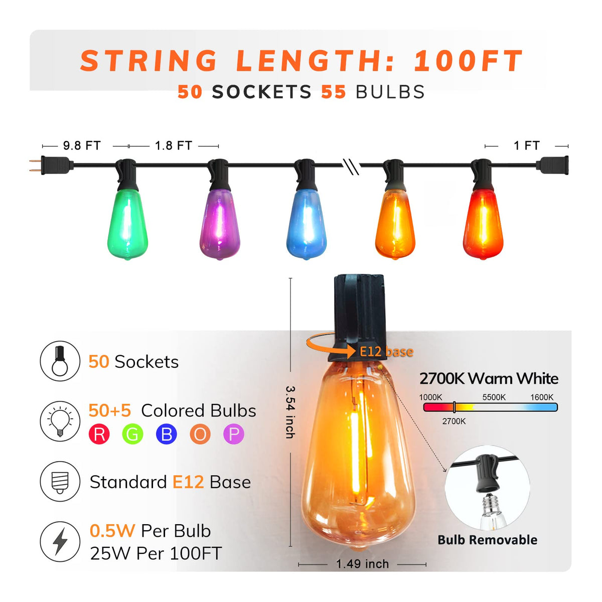 Colored Outdoor String Lights 100Ft LED Multicolor Patio Lights with 55pcs ST38 Colorful Shatterproof Bulbs Rainbow String Lights for Bistro Christmas (ST38-Multicolor-2700K / 100FT 50 Bulbs)