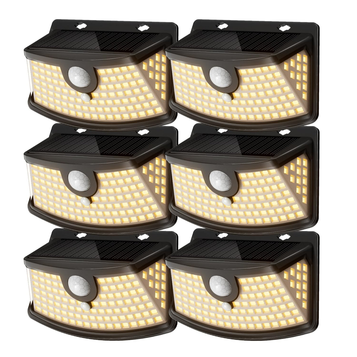 Solar Motion Sensor Lights Outdoor 120 LEDs (Black-Warm / 6 Pack)