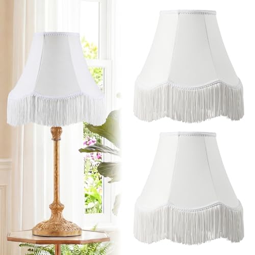 2 Pcs 6 x 13 x 10 Inch Scalloped Lamp Shades with Fringe Trim White Vintage Victorian Bell Lampshades Replacement Fabric Natural Tapered Lampshades Nordic Decor for Wall Sconce Pendant Light (White / 6 x 13 x 10 Inch)
