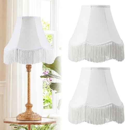 2 Pcs 6 x 13 x 10 Inch Scalloped Lamp Shades with Fringe Trim White Vintage Victorian Bell Lampshades Replacement Fabric Natural Tapered Lampshades Nordic Decor for Wall Sconce Pendant Light (White / 6 x 13 x 10 Inch)