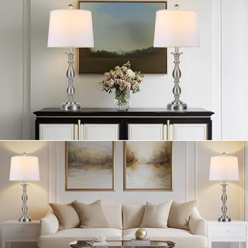 28" Tall Modern Table Lamps Set of 2 with USB A+C Ports and AC Outlet (Silver-2 Pack)