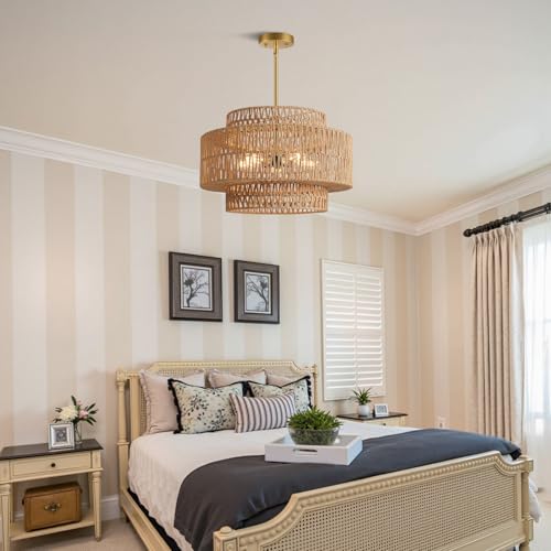 19" Boho Rattan Chandelier for Dining Room Light Fixture (Country / 5-Light)