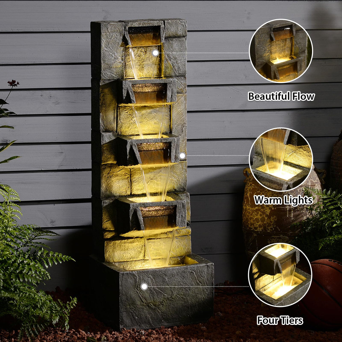 Outdoor Waterfall Fountain with LED Lights (Gray)
