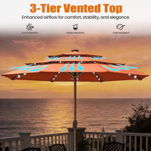 USA 10-Year-Non-Fading 10ft 3-Tier Market Patio Umbrella, Commercial Table Umbrella with 80 Solar LED Lights, Crank Open, Windproof & UPF 50+ UV Protection for Garden, Deck, Pool, Backyard, No Tilt, Rust (Rust / 10FT(Triple Vents No Tilt))