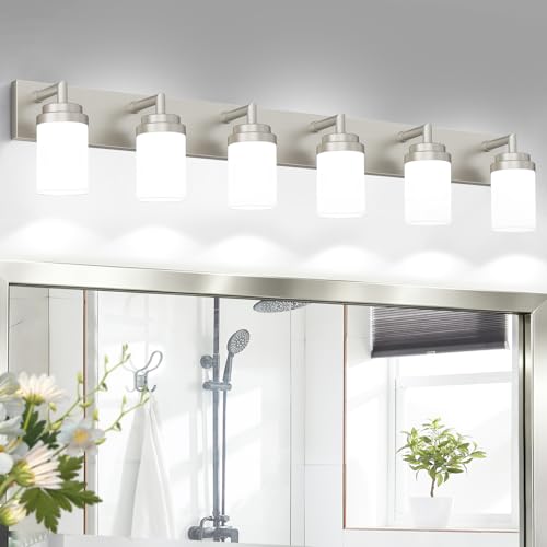 Bathroom Light Fixtures (Nickel-White Shade / 6-Light)