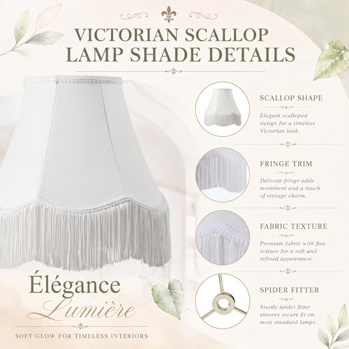 2 Pcs 6 x 13 x 10 Inch Scalloped Lamp Shades with Fringe Trim White Vintage Victorian Bell Lampshades Replacement Fabric Natural Tapered Lampshades Nordic Decor for Wall Sconce Pendant Light (White / 6 x 13 x 10 Inch)